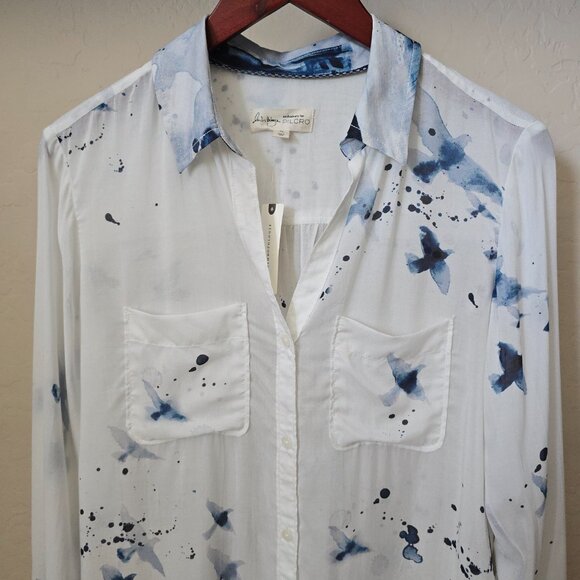 Anthropologie Pilcro The Romy Relaxed Buttondown Shirt Blue Bird Print Blouse XS - Picture 3 of 11